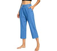 Pantalon en lin pour femme, taille haute élastique, long, confortable, ample et poches Palazzo, bleu, XL