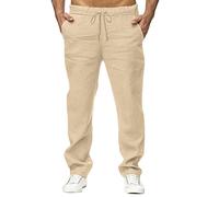 Pantalon en lin pour homme avec cordon de serrage - Pantalon d'été léger - Pantalon de loisirs - Uni - Pantalon de plage - Vacances - Vie quotidienne - Blanc - Lin, C-kaki, M