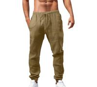 Pantalon en lin uni pour homme - Pantalon long en lin avec poches latérales - Taille élastique - Pantalon en coton avec cordon de serrage - Pantalon léger - Coupe droite - Pantalon de loisirs élégant