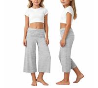 Pantalon Enfant Filles Été Fluide Léger 3/4 Taille Haute Elastique Pantacourt Décontractée Jambe Large Ample Pantalons Palazzo Plage Longueur Pants Coral Foldover Pants Foldover Flare Leggings