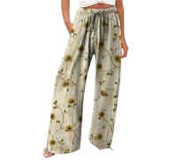 Pantalon Ete Femme Leger Fluide Taille Élastique Respirant Yoga Pantalons Long Floral Imprimer Elegant avec Cordon De Serrage Pants Été De Plage Décontractée Léger Rétro Droits Pantalons Hawaienne