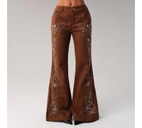 Pantalon évasé ajusté à taille basse avec motif floral rétro du millénaire Y2K et ornements de strass pour femmes L,M,S,XSUnicoloreTissu tissé