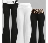 Pantalon évasé décontracté pour fille préadolescente, imprimé lettres, plissé, blocs de couleurs, style Y2K streetwear, pour tous les jours et l'école, noir, blanc, marron, automne 7Y,8Y,9Y,10Y,11Y,12