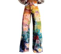 Pantalon évasé des années 70 pour femme - Style bohème des années 60 - Style hippie - Fleurs - Taille haute - Costume disco - Pantalon de yoga - Legging en denim - Broderie vintage - Jean évasé - Jean