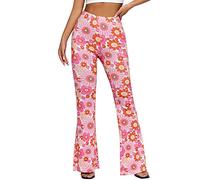 Pantalon éVasé Femme des Années 70 Taille Haute Fleurs Style Hippie | Pantalon Grande Taille Bootcut élastique Style Bohème Costume Disco Pour Festival Spectacle Tenue De Rave BoîTe De Nuit Chic