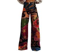 Pantalon évasé pour femme - Jean des années 70 - Motif floral - Taille haute - Jambes larges - Aspect jean - Vintage - Évasé - Confortable - Baggy - Avec imprimé floral vintage - Pour adolescentes et