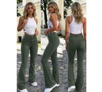 Pantalon évasé vert armée style Y2K pour femmes, couleur unie taille haute élastique coupe slim, style élégant décontracté de rue, convient pour les vacances, style bohème L,M,S,XL,XS,XXLUnicoloreTiss