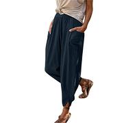 Pantalon Femme 7/8eme Taille élastique Petite, Pantalon été Coton Lin Plage pour Les Loisirs Léger Pantalons Toile Coupe Droite Amincissant Chic et Elegant 7/8 décontracté avec Poches (Navy, L)