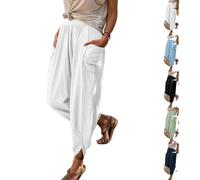Pantalon Femme 7/8eme Taille élastique Petite, Pantalon été Coton Lin Plage pour Les Loisirs Léger Pantalons Toile Coupe Droite Amincissant Chic et Elegant 7/8 décontracté avec Poches (White, XXL)