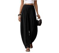 Pantalon Femme Coton et Lin Chic Elegant Soft Sarouel Léger Respirant Fluide Ample Pantalons Palazzo Décontracté à Jambes Large Coupe Droit Taille Haute Élastique Harem Pants de Plage Mode Vêtements