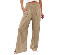 Pantalon Femme Coton et Lin Fluide Été Pant de Détente à Jambes Large Taille Haute Elastique Pantalons Confortable doté et décliné. Sa Texture Respirante confère Une légèreté Parfaite pour (Khaki, S)