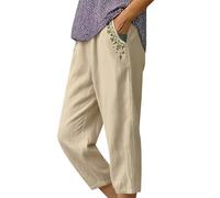 Pantalon Femme de Lin et Coton Elastique Décontractés Ample Longueur 3/4 Jogging Jambe Droit Été Fluide Bas Palazzo Chic et Elegant Taille Haute Pants avec Poches Yoga (Beige, XXXL)