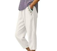 Pantalon Femme de Lin et Coton Elastique Décontractés Ample Longueur 3/4 Jogging Jambe Droit Été Fluide Bas Palazzo Chic et Elegant Taille Haute Pants avec Poches Yoga (White, XXL)