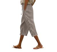 Pantalon Femme de Lin et Coton Elastique Décontractés Ample Longueur 3/4 Pantacourt Jogging Fluide Été Jambe Droit Bas Chic et Elegant Palazzo Taille Haute Pants avec Poches Yoga (Khaki, L)