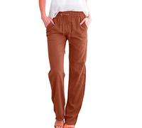 Pantalon Femme en Coton et Lin Fluide Légère Été Pantalons Mode à Taille Élastique avec Cordon de Serrage Confortable Pantalons avec Poches Couleur Unie Coupe Ajustée Pants de Plage et (01 Brown, XL)
