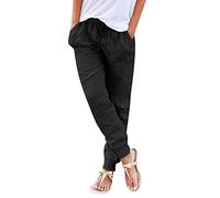 Pantalon Femme en Coton Lin Jambe Étroite Taille Élastique avec Cordon Ajustable Poche Vêtement pour Quotidien Détente Vacance Promenade Plage Mode Tendance Tissu Doux Confort Aéré (1-Black, M)
