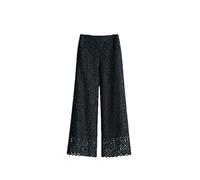 Pantalon femme en dentelle creuse solide décontracté jambe large pantalon longueur cheville, Noir , XL
