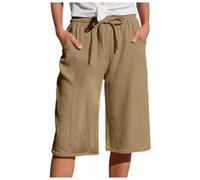 Pantalon Femme Été 3/4 Pantacourt Lin Coton Léger Elastique Cordon Serrage Poches Chic Elegant Décontracté Plage Vacances Sport Yoga Jogging Respirant Usage Quotidien Vêtement 2026 (S)