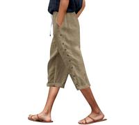 Pantalon Femme Été 3/4 Short Taille Haute Elastique Décontractée Coupe Ample Pantacourt à Boutons Décoratifs Léger Chic Solide Couleur de Plage Large avec Poches