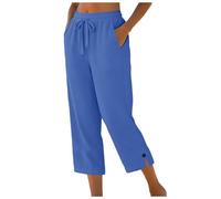 Pantalon Femme Été 7/8 Coton et Lin Taille Haute Élastique avec Poches - Décontracté Léger Fluide pour Plage - Chic et Élégant Large Pantalons - Couleur Unie Basique Pants (M)