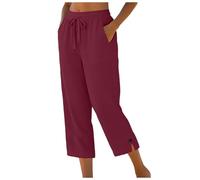 Pantalon Femme Été 7/8 Coton et Lin Taille Haute Élastique avec Poches - Décontracté Léger Fluide pour Plage - Chic et Élégant Large Pantalons - Couleur Unie Basique Pants (Vin, M)