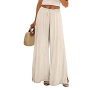 Pantalon Femme Ete Boheme, Pantalons Décontracté Grande Taille Pants Chic Et Elegant Volants Jambe Largeur Fendu Respirant Slacks Patte D'Elephant Coupe Coton Et Lin Confortable Plissé Treggings