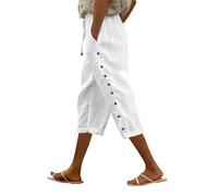 Pantalon Femme Été Fluide Coton et Lin Grande Taille Pantalons 3/4 Chic et Elegant Taille Elastique Décontractés Ample Léger Respirant Unie Large Vetement Mode Tendance Droit Pant avec Bouton Latéraux