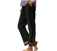 Pantalon Femme Été Fluide Coton Et Lin Léger Ample Large Pantalons Chic Et Elegant Poche Droit Taille Élastique Pants De Plage Couleur Unie Dentelle Ourlet Pant Mode Vêtements