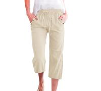 Pantalon Femme Été Léger 3/4 en Coton Lin - Large Jambe Fluide avec Ceinture Élastique et Poches - Style Chic Décontracté pour Plage ou Loisirs