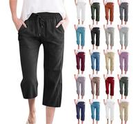 Pantalon Femme Été Léger 3/4 en Coton Lin - Large Jambe Fluide avec Ceinture Élastique et Poches - Style Chic Décontracté pour Plage ou Loisirs