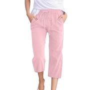 Pantalon Femme Été Léger 3/4 en Coton Lin - Large Jambe Fluide avec Ceinture Élastique et Poches - Style Chic Décontracté pour Plage ou Loisirs