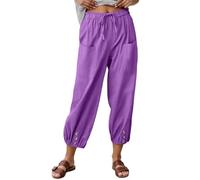 Pantalon Femme Été Léger 7/8 Longueur Pantacourt Coton Décontracté Pantalon Taille Elastique Ample Harem Pants Confortable Pantalon de Plage Loisirs