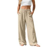 Pantalon Femme Été Lin Pantalons Taille Haute Elastique Ample Pantacourt Coton Grande Longueur Palazzo Pants Jambe Large Fluide Droit Décontractée avec Poches
