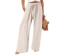Pantalon Femme Fluide,Pantalon Large En Coton Pour Femme Mode Uni Cordon De Serrage Elast Taille Haute Pantalon Palazzo Été Décontracté Pantalon Droit Ample Boho Pantalon De Plage Pantalon Ocean