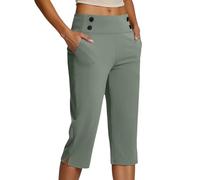 Pantalon Femme, Grande Taille Fluide Stretch Corsaire Jogging Sport Yoga Chic et Elegant Pantacourt Confort Leger Elastique Été Pantalon 3/4 Femme, Army Green, M
