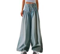 Pantalon Femme Grande Taille- Jean Taille Haute à Lacets Plissée Palazzo Casual Chic Élégants Ample Confortable Sytle Vintage Oversize De Tous Les Jours Polyvalent Pants 2025