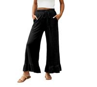 Pantalon Femme Jambe Large, Taille Elastique avec Cordon de Serrage, Poches Latérales, Bas à Volant, Coupe Ample Longueur Cheville, Pantalon Casual pour Quotidien, Vacances, Détente, Sortie
