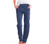 Pantalon Femme Lin Coton Fluide Chic et Elegant Uni Long en Coton Pantalons en Lin Droit Taille Mousseline Loisir Vacances Palazzo Pants avec Poches Tailles S-5XL
