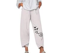 Pantalon Femme Lin Hippie Baggy À Taille Élastiquée avec Poches Été Jambes Larges Pantalon Ample Longueur Fluide Droit Pants avec Poches Pantalon Femme Taille Haute Elastique