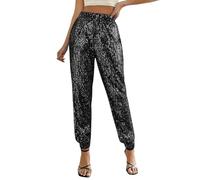 Pantalon Femme Sequin Disco Métallisé Brillant Pantalon Taille Haute Elastique Scintillantes Chic Élégant Pantalons Femme Large Style Rétro Décontracté Pantalons Pour Disco Club Soirée Cocktail