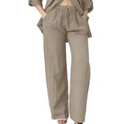 Pantalon Femme,Womens Daily Elastic Waist Pockets Straight Solid Color Casual Pants Loose Long Trousers Short Boxe Fille (Khaki, M)