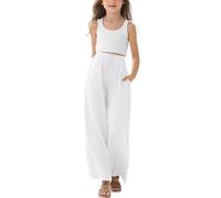 Pantalon Fille Fluide Palazzo pour Ado Cordon de Serrage Fente au Bas Taille Élastique Long Décontracté Jambes Larges Confort Pantalon Ample pour Enfant Filles