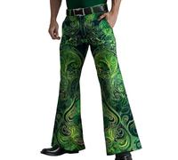 Pantalon Flare Homme - Impression Numérique Verte Vibrante, Coupe Évasée, Taille avec Bouton, Style Rétro 70s, pour la Saint-Patrick et Usage Décontracté Casual