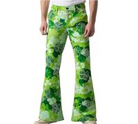 Pantalon Flare Homme - Impression Numérique Verte Vibrante, Coupe Évasée, Taille avec Bouton, Style Rétro 70s, pour la Saint-Patrick et Usage Décontracté Casual