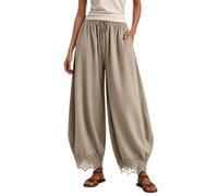 Pantalon Fluide Femme Dentelle Taille Élastique Fente Courbe Élégant Casual | Maille Douce,Ample Larges, Longueur Capri, Détail Raffiné, Confort Souple, Été,Vacances,Plage,Décontracté
