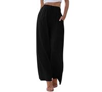 Pantalon Fluide Femme en Lin été Droite Pantalon avec Poches Décontracté Taille Élastiqué Cordon de Serrage Couleur Unie Pantalon de Plage LéGer Et Confortable Large Jambe Mode Pantalon Large