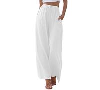 Pantalon Fluide Femme en Lin été Droite Pantalon avec Poches Décontracté Taille Élastiqué Cordon de Serrage Couleur Unie Pantalon de Plage LéGer Et Confortable Large Jambe Mode Pantalon Large