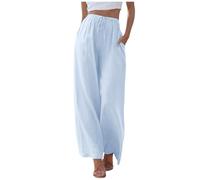 Pantalon Fluide Femme en Lin été Droite Pantalon avec Poches Décontracté Taille Élastiqué Cordon de Serrage Couleur Unie Pantalon de Plage LéGer Et Confortable Large Jambe Mode Pantalon Large