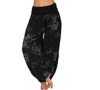 Pantalon Fluide Femme Été Boho Harem Pantalon Décontracté Taille Haute Pant Longue Floral Imprimer Élastiquée Taille Pants Baggy Léger Pantalons Yoga Plage Sarouel avec Poches