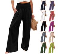 Pantalon Fluide Femme été Grande Taille Pantalon Lin Pas Cher Chic et Elegant Pantalon évasé à Jambes Larges Taille Elastique Pantalon Palazzo Pantalon de Plage Décontracté Pantalon de Yoga